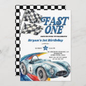 ファーストワンヴィンテージブルーレースカーボーイファースト誕生日 招待状 (正面/裏面)