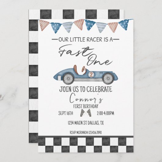 ファーストワンヴィンテージレースカーファースト誕生日招待状 招待状 (正面/裏面)