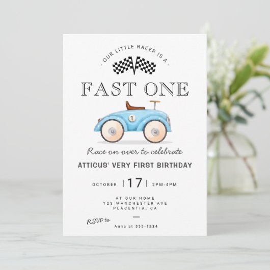 ファーストワン誕生日玩具ヴィンテージレースカー 招待状 (スタンド正面)