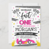 ファーストワン1歳の誕生日パーティーピンクレースカーファーストワン 招待状 (正面)