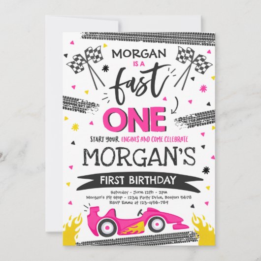 ファーストワン1歳の誕生日パーティーピンクレースカーファーストワン 招待状 (正面)