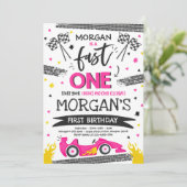 ファーストワン1歳の誕生日パーティーピンクレースカーファーストワン 招待状 (スタンド正面)