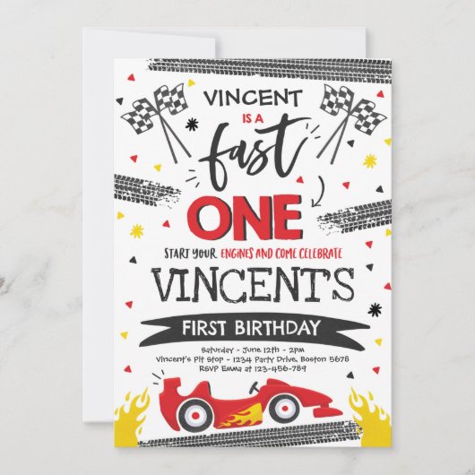 ファーストワン1歳の誕生日パーティーレッドレースカーファーストワン 招待状 (正面)
