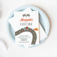 『ファーストワン』青いレースカーの誕生日パーティー招待状