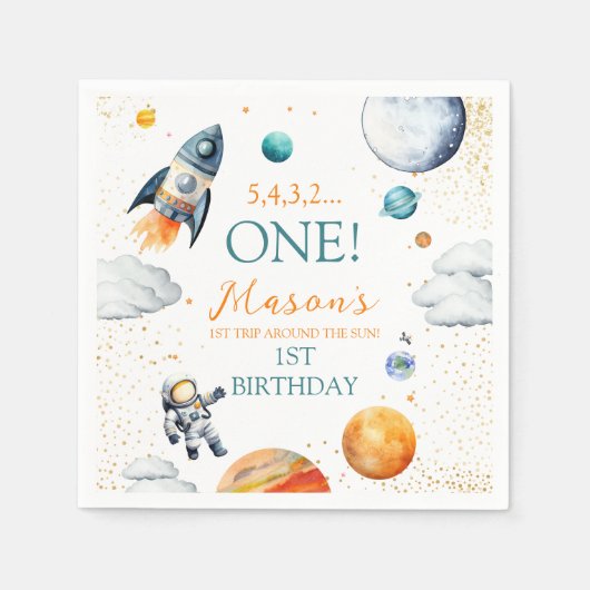 ファースト宇宙アドベンチャーボーイ誕生日ナプキンス スタンダードカクテルナプキン (正面)