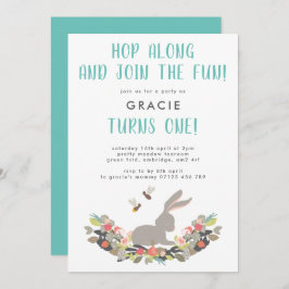 ファースト誕生日かわいい春ラビットバースデーパーティー 招待状