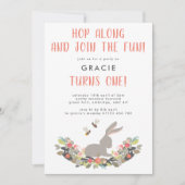 ファースト誕生日かわいい春ラビットバースデーパーティー 招待状 (正面)