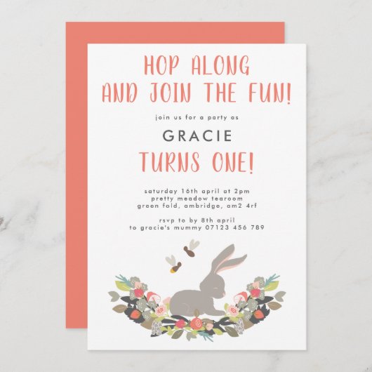 ファースト誕生日かわいい春ラビットバースデーパーティー 招待状 (正面/裏面)
