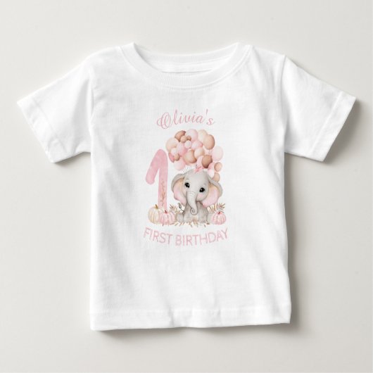 ファースト誕生日かわいい象秋ガール ベビーTシャツ (正面)