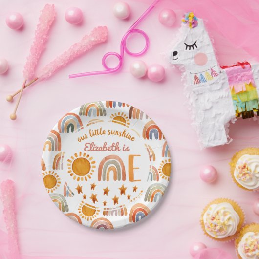 ファースト誕生日ウォーターカラーサンシャインアンドレインボー  ペーパープレート (パーティー)