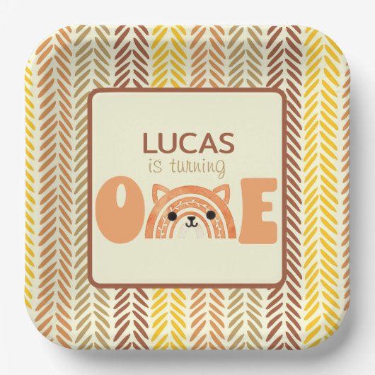 ファースト誕生日ウッドランドキツネボホレインボー ペーパープレート (正面)