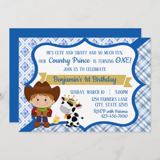 ファースト誕生日カントリープリンス招待状 招待状 (正面/裏面)