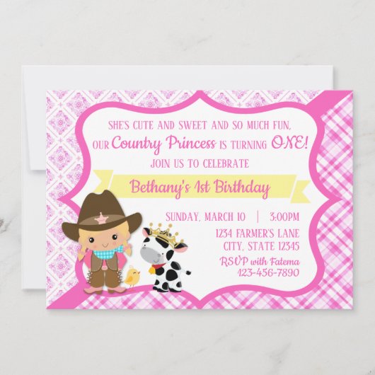 ファースト誕生日カントリープリンセス招待状 招待状 (正面)