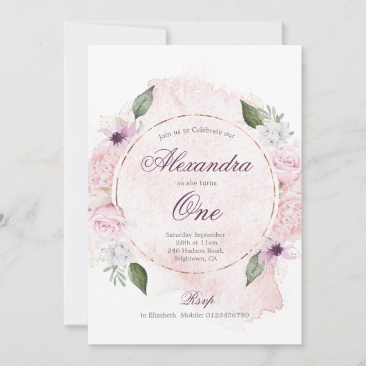 ファースト誕生日ガールかわいらしピンクローズ 招待状 (正面)