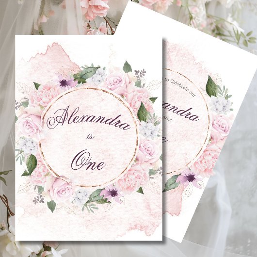 ファースト誕生日ガールかわいらしピンクローズ 招待状