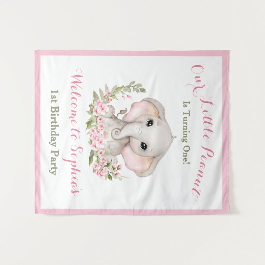 ファースト誕生日ガールエレファントウェルカムサインタペストリー タペストリー (正面(横))