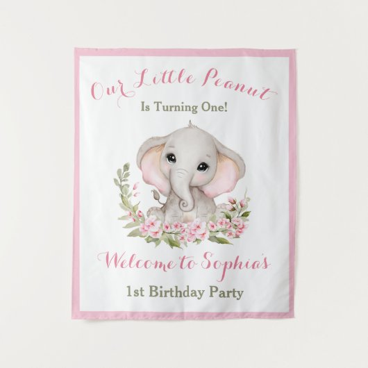 ファースト誕生日ガールエレファントウェルカムサインタペストリー タペストリー (正面)
