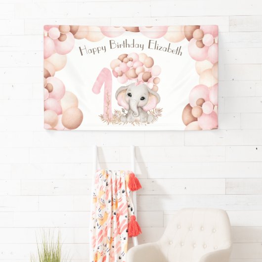 ファースト誕生日ガールキュートピンクエレファント 横断幕 (インサイチュ)
