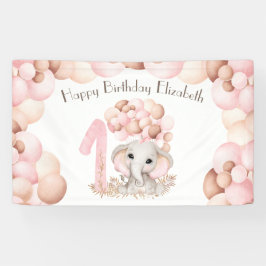 ファースト誕生日ガールキュートピンクエレファント 横断幕