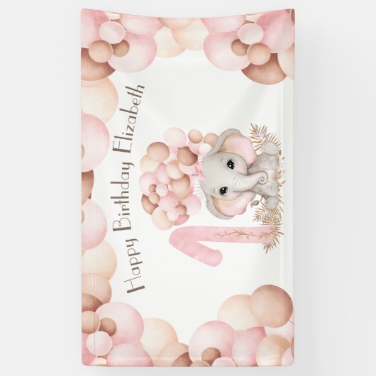 ファースト誕生日ガールキュートピンクエレファント 横断幕 (縦)