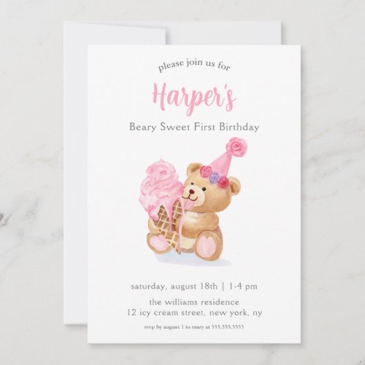 ファースト誕生日ガールズテディベアアイスクリーム 招待状 (正面)