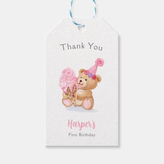 ファースト誕生日ガールテディベアアイスクリーム ギフトタグ (正面)