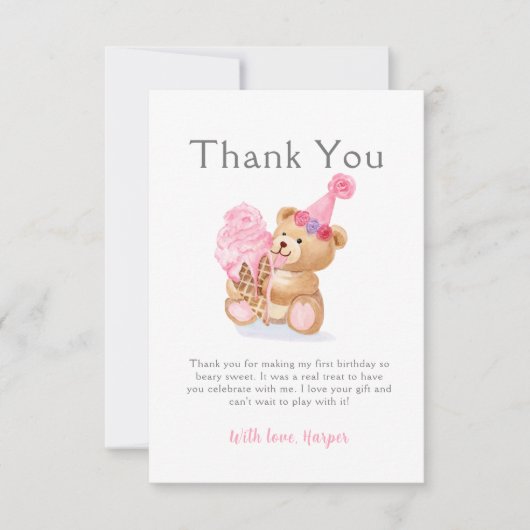 ファースト誕生日ガールテディベアアイスクリーム サンキューカード (正面)