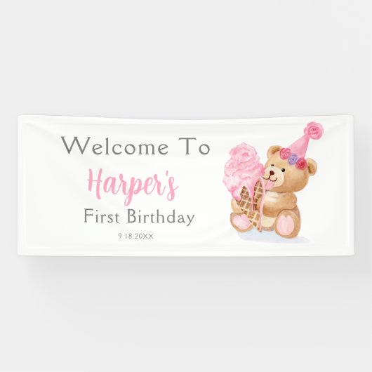 ファースト誕生日ガールテディベアアイスクリーム 横断幕 (横)