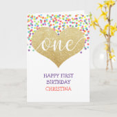 ファースト誕生日ガールパーソナライズされたハートレインボー カード (黄色い花)