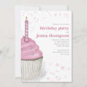 ファースト誕生日ガールパーティーピンクカップケカスタムーキ 招待状 (正面)