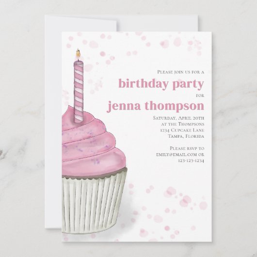 ファースト誕生日ガールパーティーピンクカップケカスタムーキ 招待状 (正面)