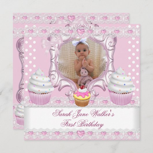 ファースト誕生日ガールピンクカップケーズホワイトベビー 招待状 (正面/裏面)