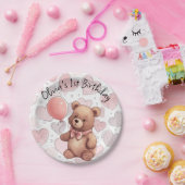ファースト誕生日ガール伝統的ピンクベア ペーパープレート (パーティー)