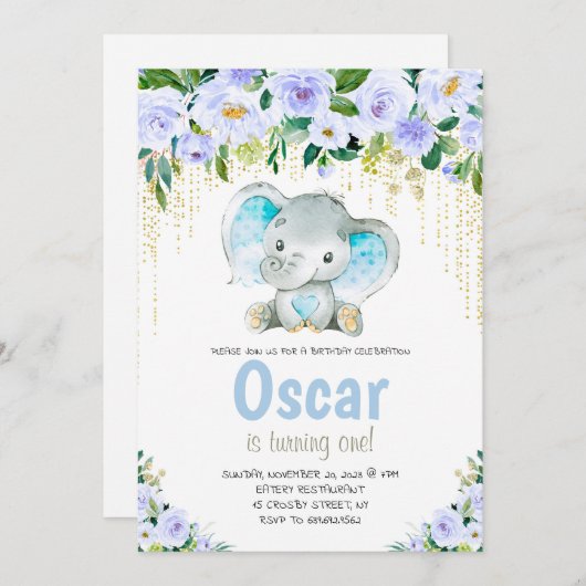 ファースト誕生日キュートエレファントボーイ招待状 招待状 (正面/裏面)