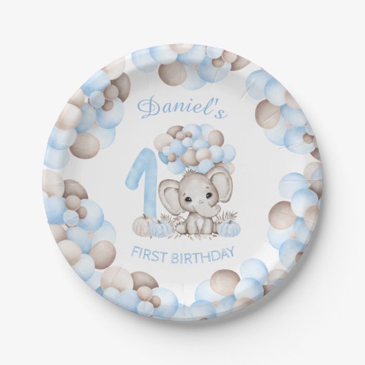 ファースト誕生日キュートエレファント秋ボーイ紙プレート ペーパープレート (正面)