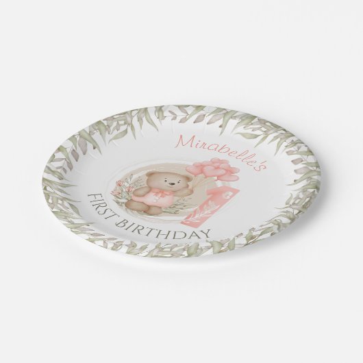 ファースト誕生日キュートテディベアーピーチ ペーパープレート (アングル)