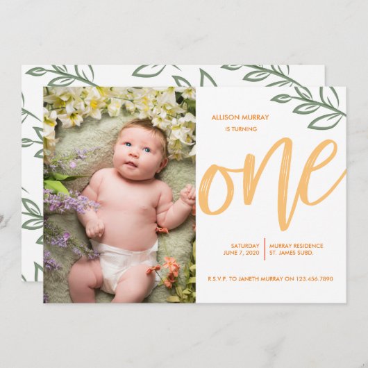 ファースト誕生日キュートドー絵を描ル葉 招待状 (正面/裏面)