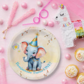 ファースト誕生日キュートブルーエレファントゴールデンフローラ ペーパープレート (パーティー)