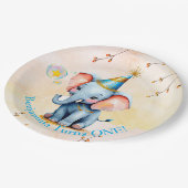 ファースト誕生日キュートブルーエレファントゴールデンフローラ ペーパープレート (アングル)