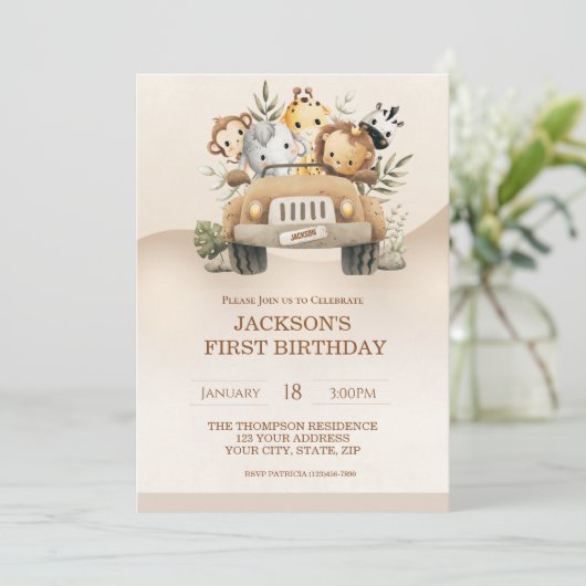ファースト誕生日サファリジャングルアニマルズパーティー 招待状 (スタンド正面)
