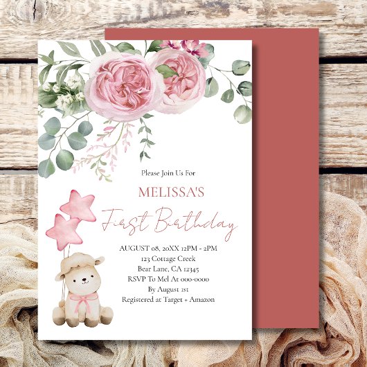 ファースト誕生日スウィートリトルラムピンクローズ 招待状