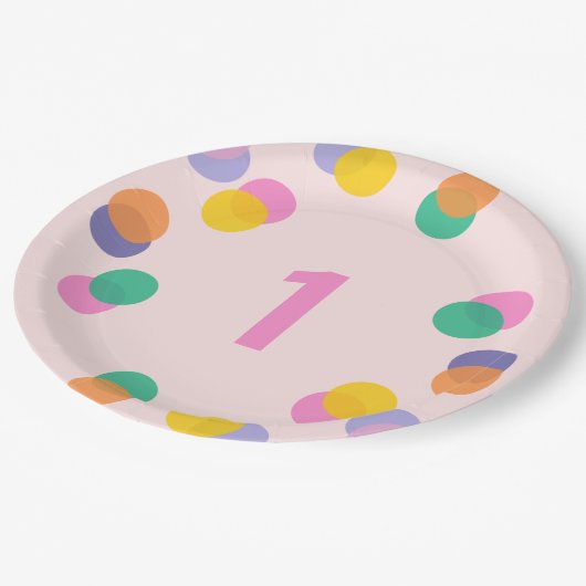 ファースト誕生日パステルピンク紙吹雪 ペーパープレート (アングル)