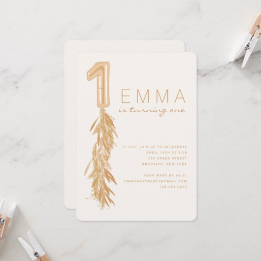 ファースト誕生日パンパスバルーンガーランド招待状 招待状 (正面/裏面インサイチュ)