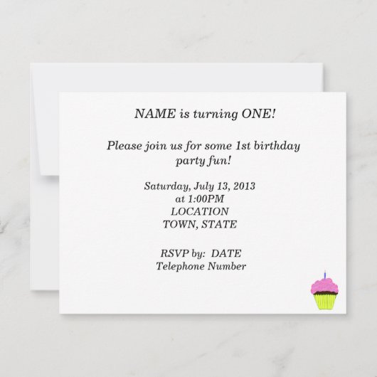ファースト誕生日ピンクカップケーキ招待状カスタマイズ 招待状 (裏面)