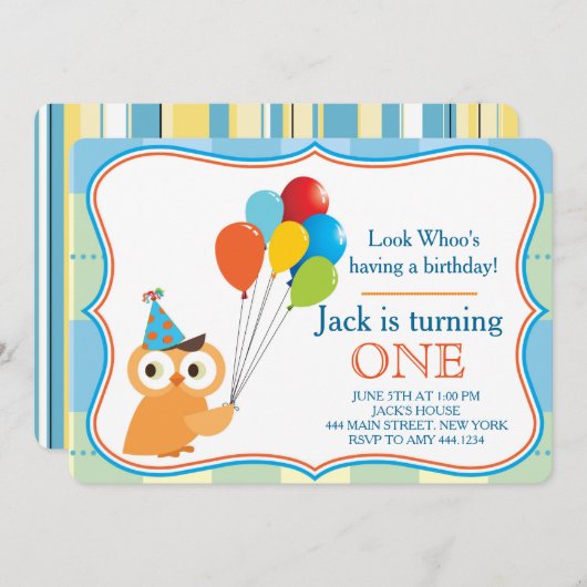 ファースト誕生日フクロウボーイパーティの招待状 招待状 (正面/裏面)