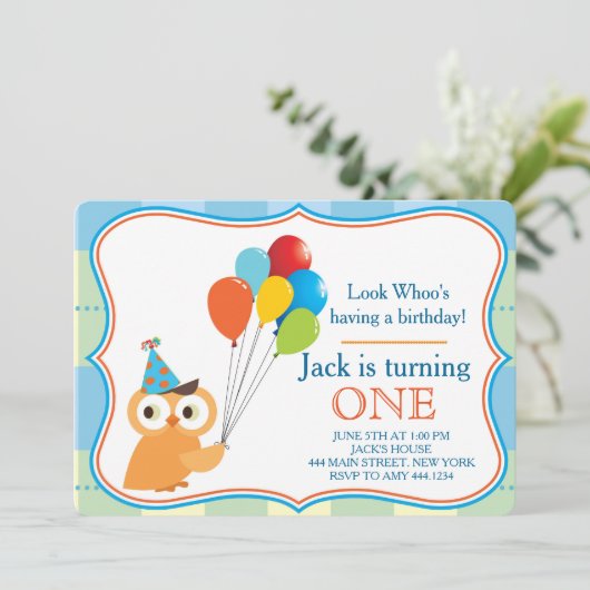 ファースト誕生日フクロウボーイパーティの招待状 招待状 (スタンド正面)