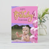 ファースト誕生日ベビーガールフォトデザイン 招待状 (スタンド正面)