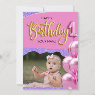 ファースト誕生日ベビーガールフォトデザイン 招待状
