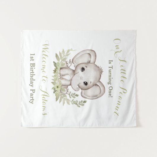 ファースト誕生日ボーイエレファントウェルカムサインタペストリー タペストリー (正面(横))