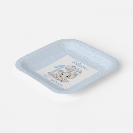 ファースト誕生日ボーイエレファントブルー紙プレート ペーパープレート (傾斜あり)